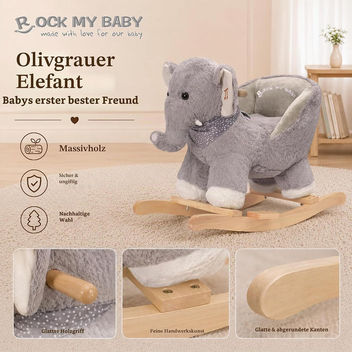 Plüsch Rocking Horse - weicher gefüllter Körper, Sicherheitssitz Stuhl, Holz Rockers, Musikknopf - K