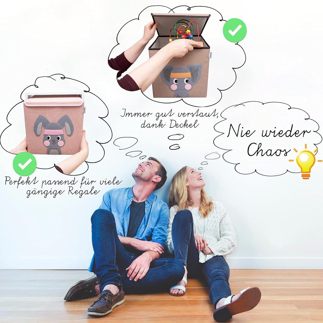 Aufbewahrungsbox mit Deckel im 2er Set Hase und Katze I Doppelpack Spielzeugbox mit Tiermotiv passen