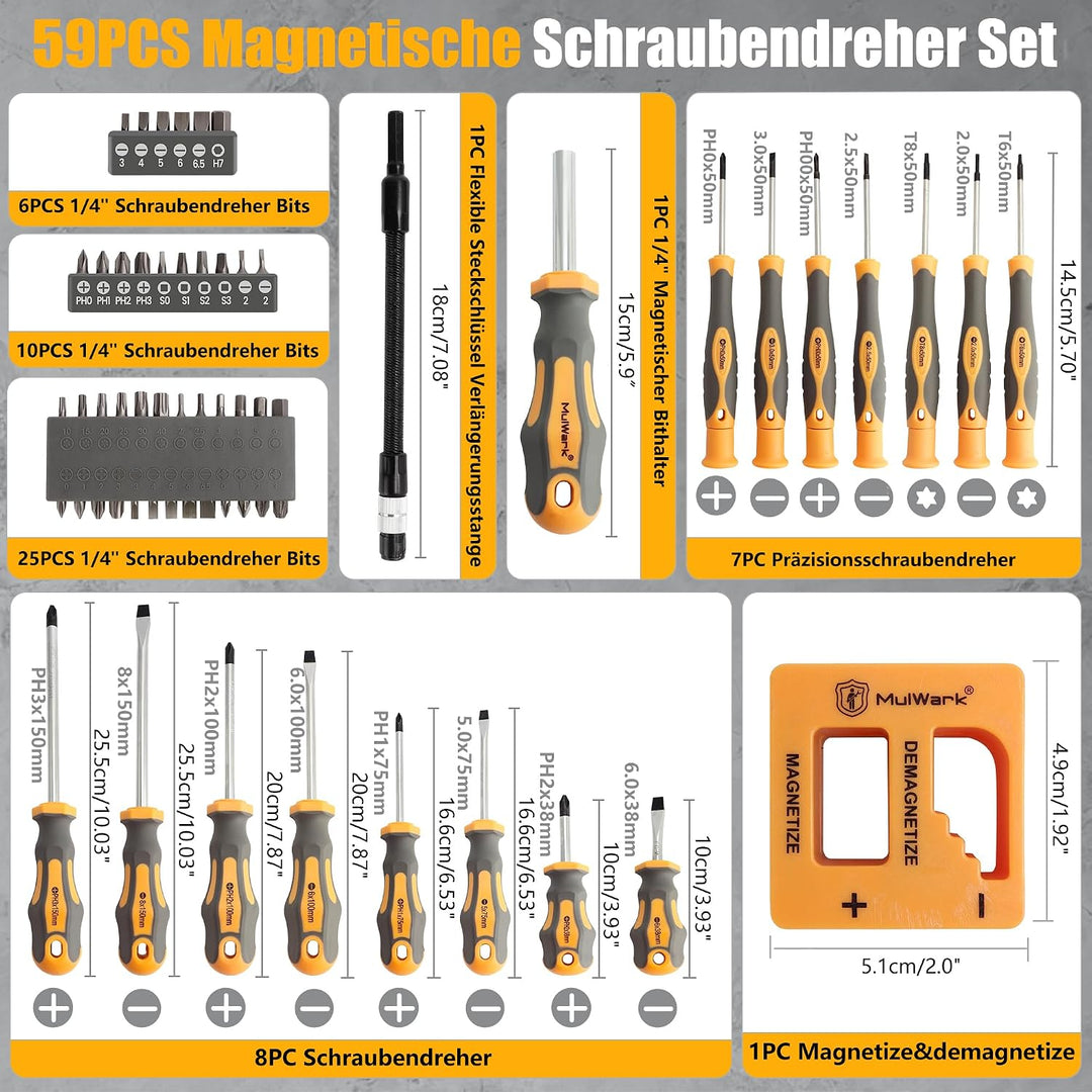 MulWark Magnetisches Schraubendreher-Set, 59-teilig, Chrom-Vanadium-Stahl, ergonomisches Design, Gum