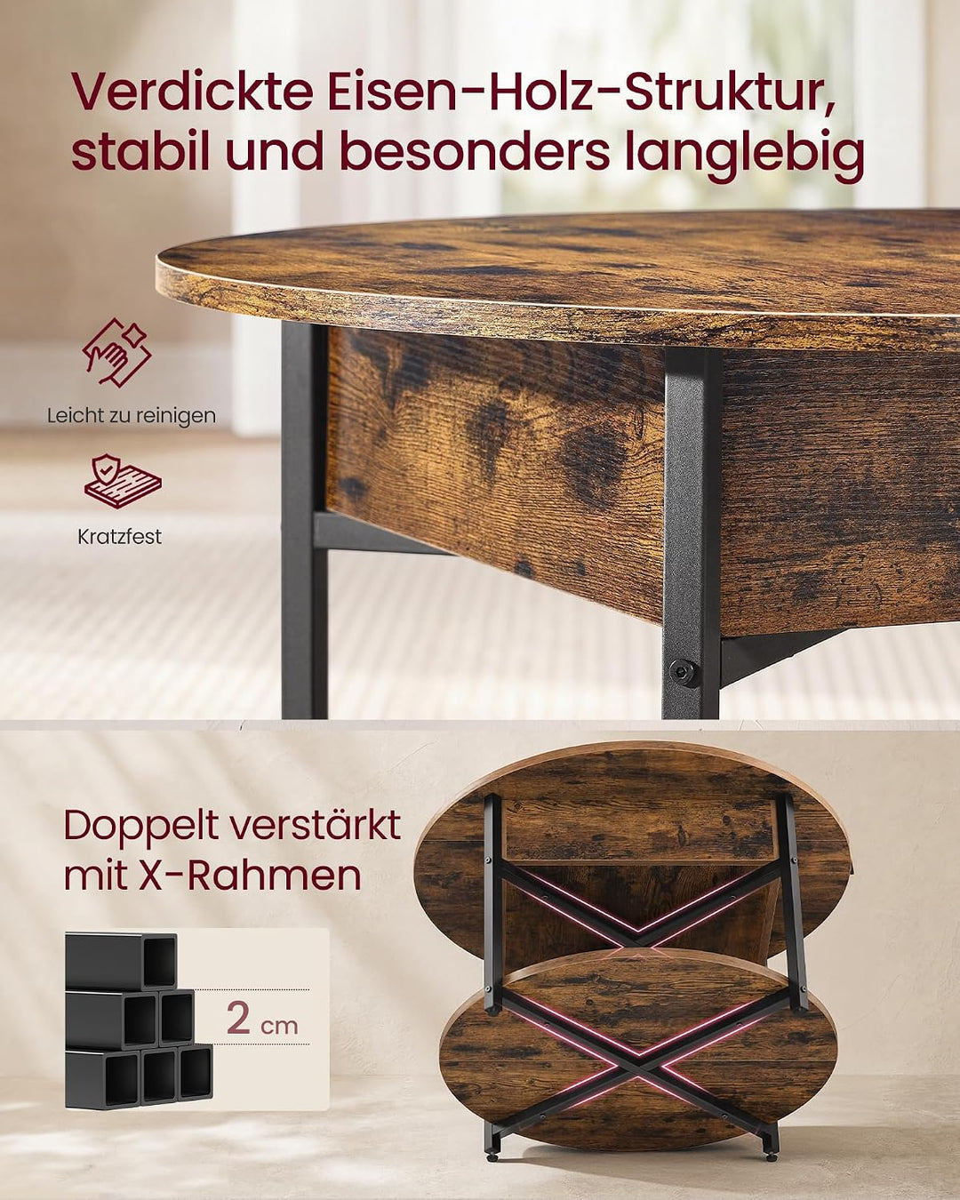 VASAGLE Couchtisch rund LCT266K101 Kamelbraun + Mattschwarz, Kamelbraun + Mattschwarz