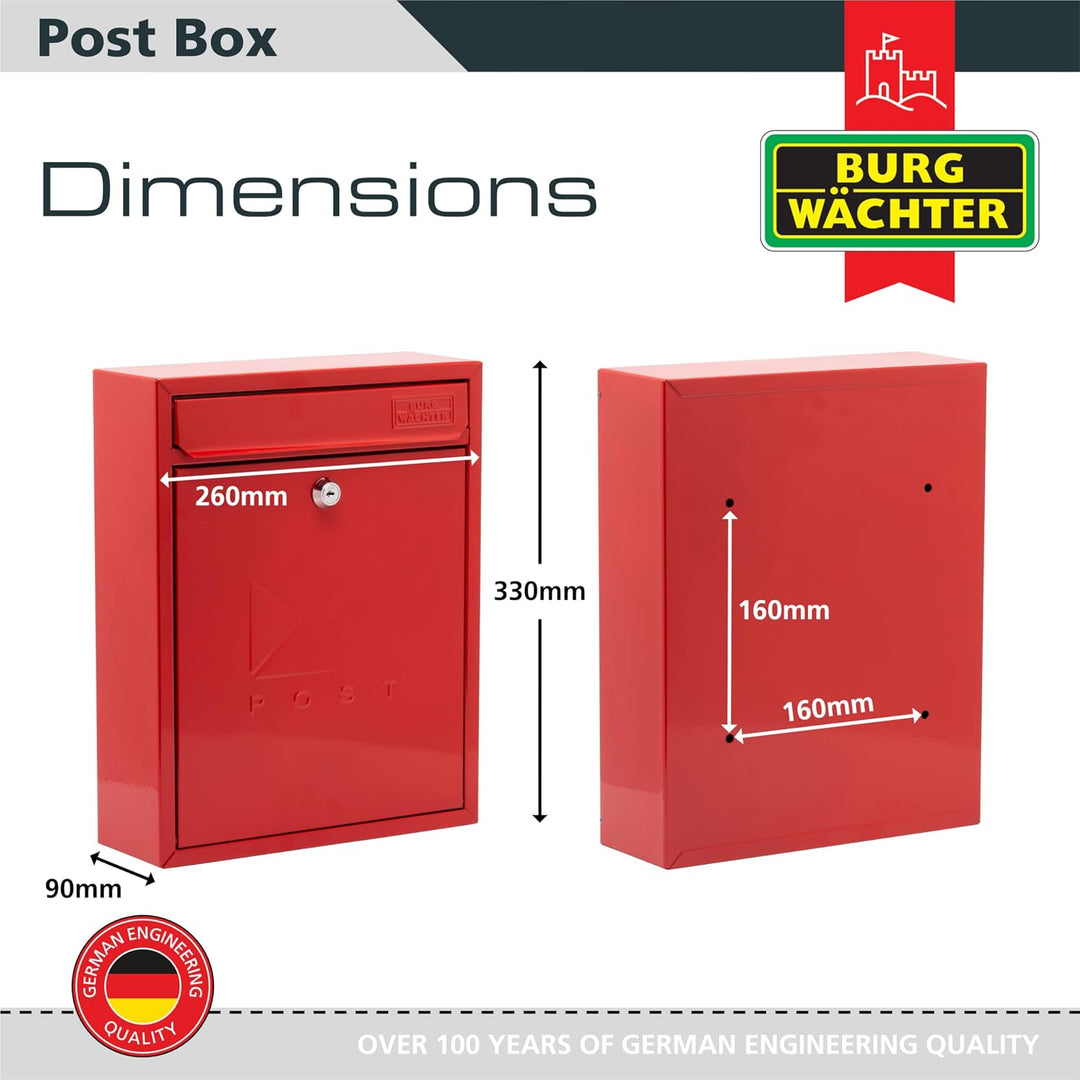 BURG-WÄCHTER MB05R Compact Briefkasten aus verzinktem Stahl zur Wandmontage, Pillarbox Red, Pillarbo