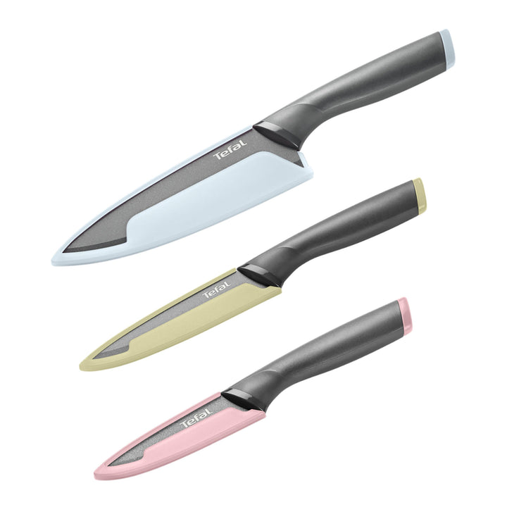 Tefal Slicy 3-tlg. Messer-Set, Soft Touch Griff, Schwarz/Pastellfarben Kochmesser + Universalmesser