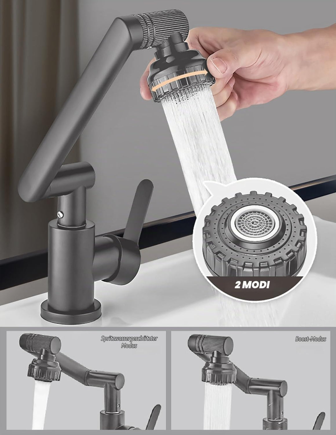 MIDINGCHAI Armatur Bad, Wasserhahn Bad Hoch, 1080 Grad Drehbarer Wasserhahn mit Schlauch, Ideal Stan