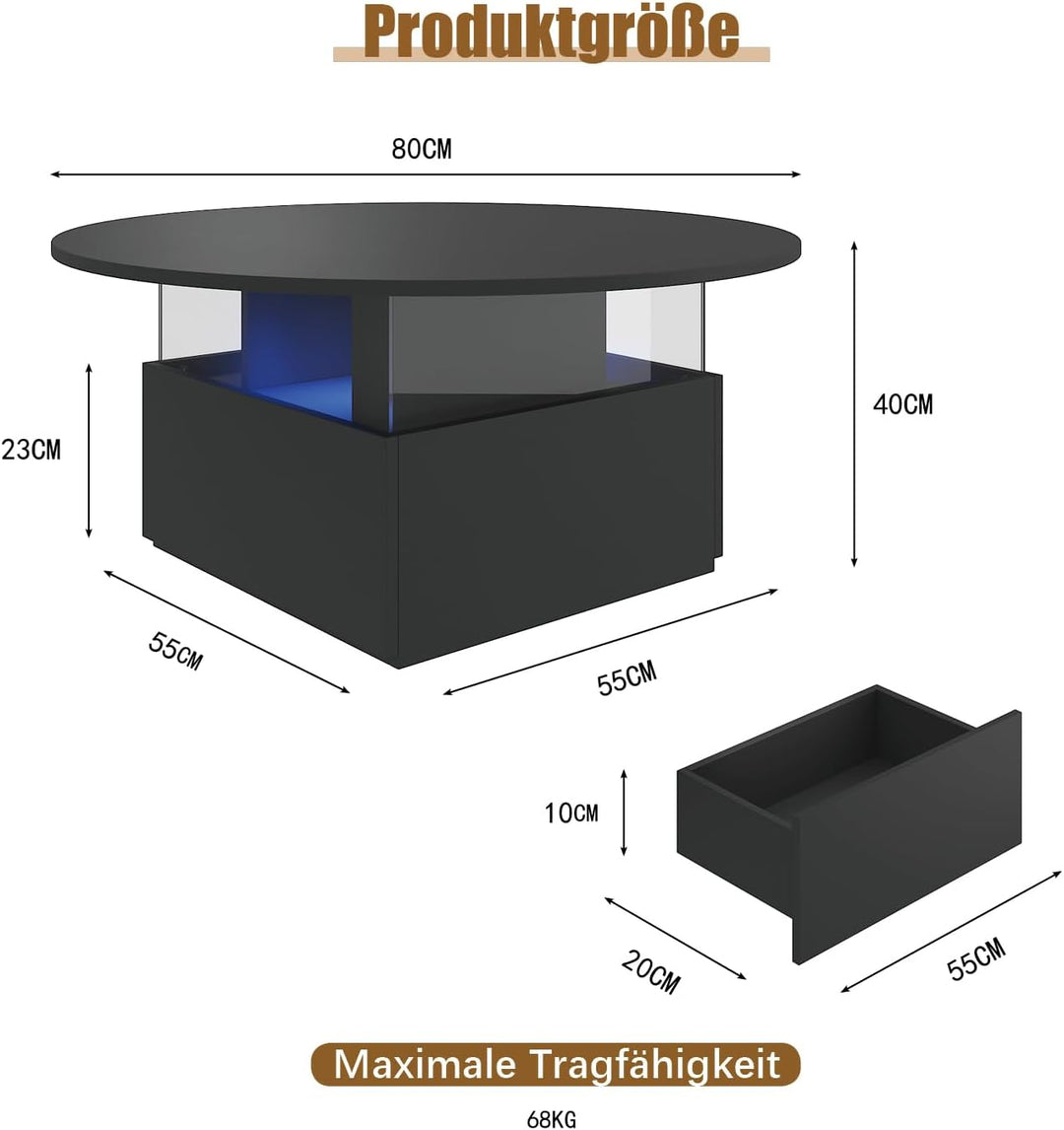 KEEPREAPER Couchtisch rund Wohnzimmertisch LED 80 x 80 x 40cm Schwarz, Schwarz