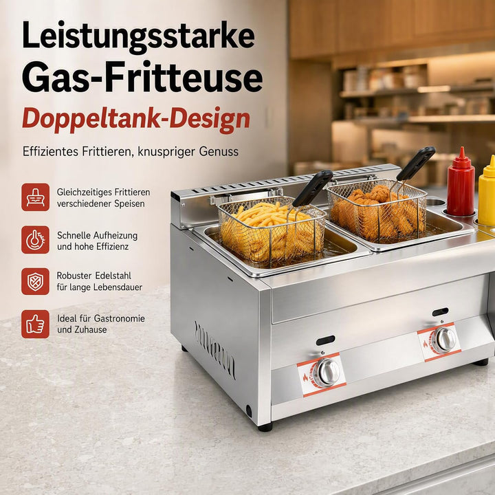 Kommerzielle Gas-Fritteuse mit Korb und Deckel, 2 x 6 L Edelstahl Fritteuse