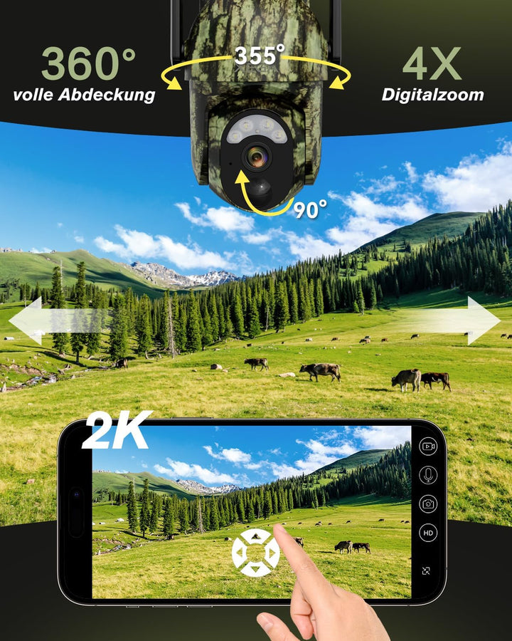 Xega 4G LTE Ohne WLAN Wildkamera Solar 2K PTZ Wildtierkamera mit SIM-Karte