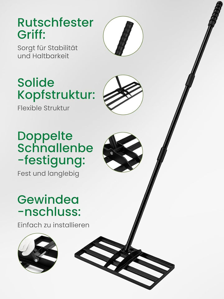 Lawn Levelling Rake 90 x 30 x 190cm, Rasenrechen Garden Grass Squeegee Sand Rakel Tool Scarifier wit