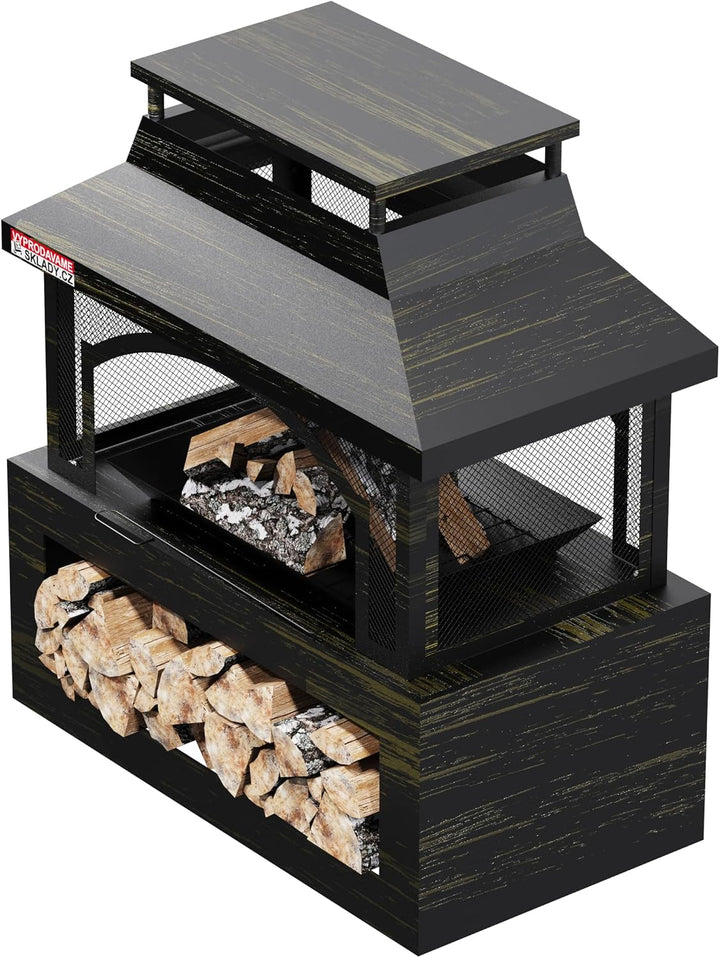Feuerschale Metall mit Abdeckung 94 cm – Fire Pit Schwarz, Grosse Feuerstelle Garten &amp; Terrasse, Wet