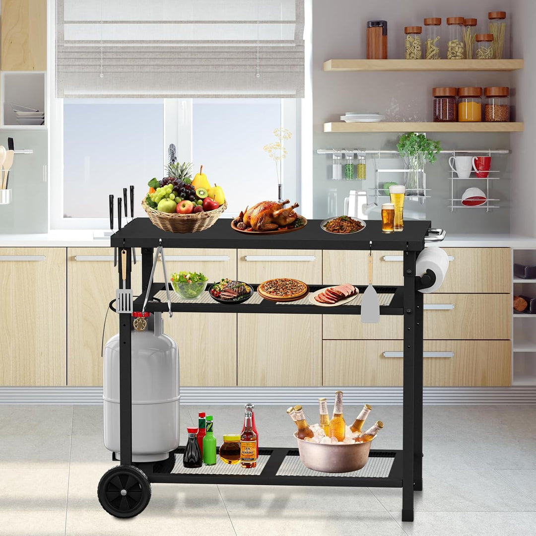 multifunktionaler Grillwagen, 3-Etagen Grill-Esswagen, Küchenwagen mit Papierhandtuchhalter und Hake
