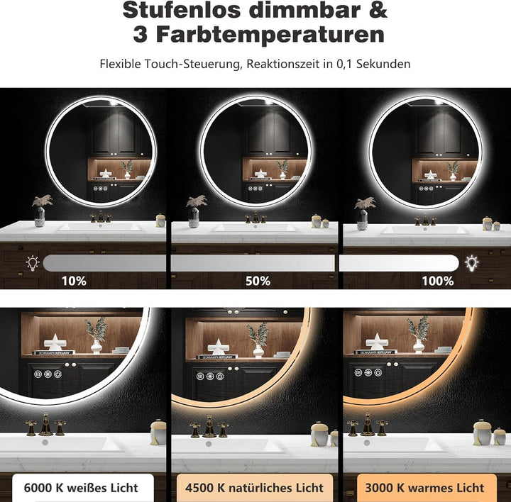 60cm Runde LED Badezimmerspiegel mit Beleuchtung, Dimmbar &amp; 3 Farben – Front- &amp; Hintergrundbeleuchtu