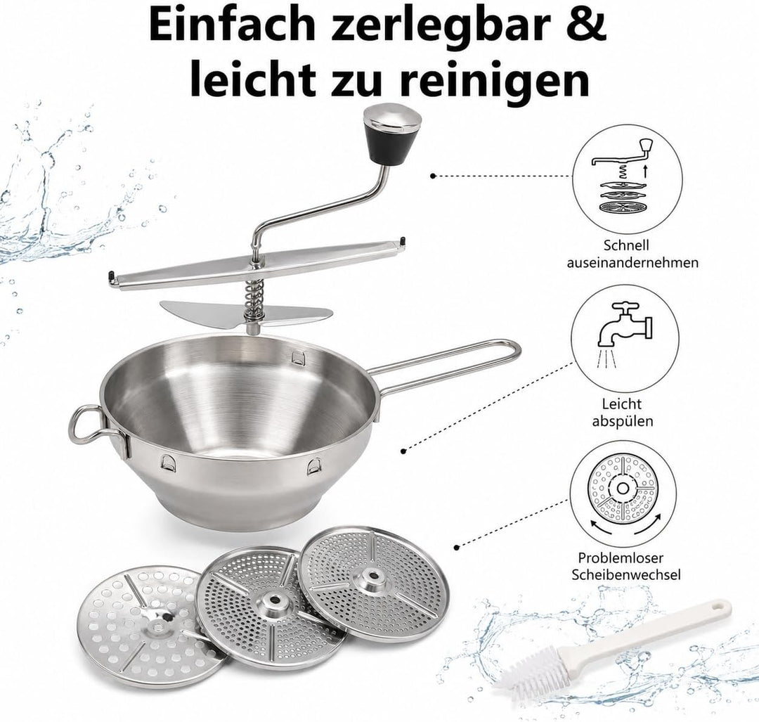 Passiergerät aus Edelstahl ergonomisch Anti-Rutsch Drehbar mit 3 Grinding Plates Passiermühle Edelst