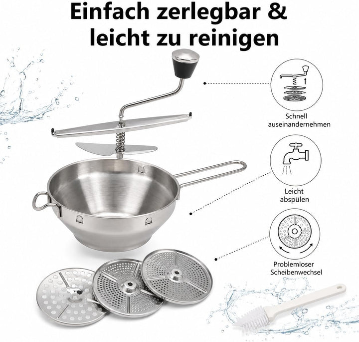 Passiergerät aus Edelstahl ergonomisch Anti-Rutsch Drehbar mit 3 Grinding Plates Passiermühle Edelst