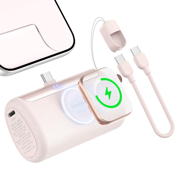 RORRY PalmGo Powerbank,10000mAh Mini Power Bank PD 22.5W Integrierter USB C Rosa, Rosa