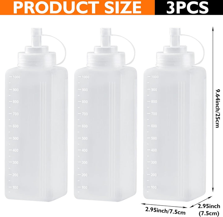 3 Stück Plastik Squeeze Flasche: 1000ML Breiter Mund Quetschflasche Mit Kappen, Transparent Kein Lec