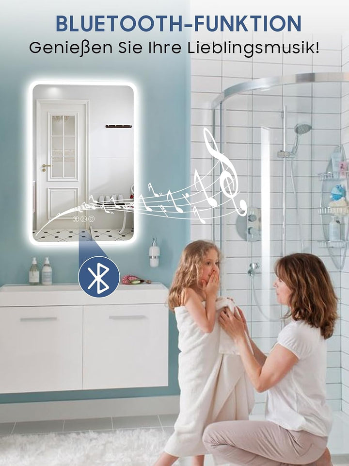 Badspiegel mit Beleuchtung,60x80cm LED Badezimmerspiegel Mit Licht und Bluetooth, Entfoggen, 3 Farbt
