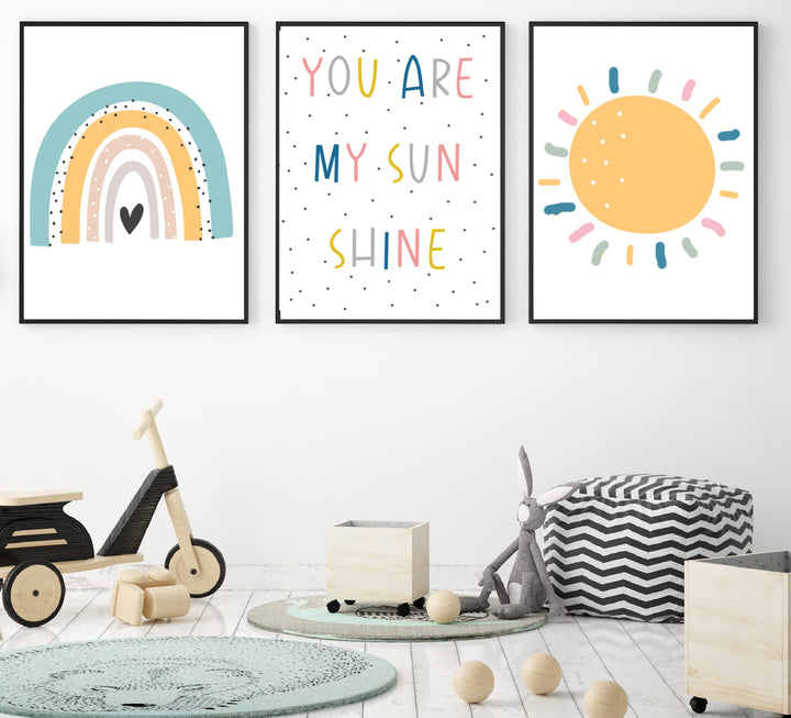 You are My Sunshine 3er Set Drucke mit Pastell Regenbogen Kinder Mädchen Jungen Kinderzimmer Schlafz
