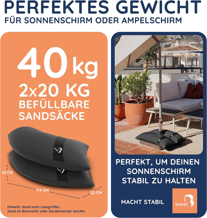 BASER - Runde auffüllbare Sandsäcke, 2 x 20 KG, auffüllbare Gewichte für Ampelschirme, Sonnenschirme