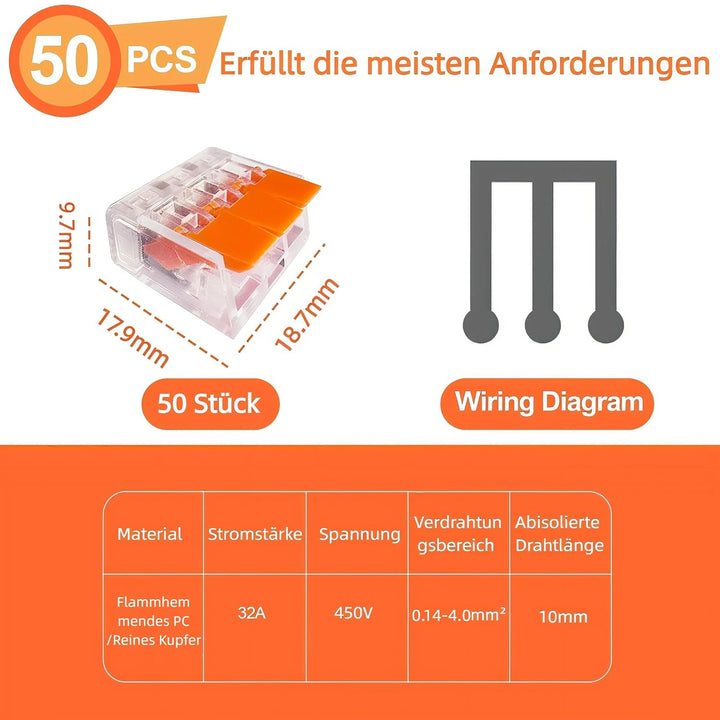 50 Stück Kabelverbinder 3-Leiter, Klemmen bis 4 mm², Verbindungsklemmen Klemme mit Betätigungshebel,
