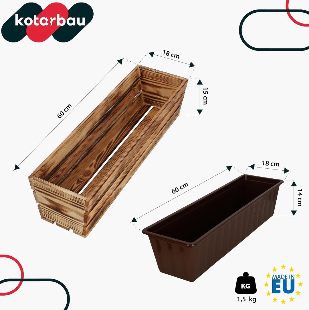 KOTARBAU® Blumenkasten für Balkon, Balkonkasten mit Kunststoffeinsatz 60 x 18 x 15 cm 2er Set Rustik