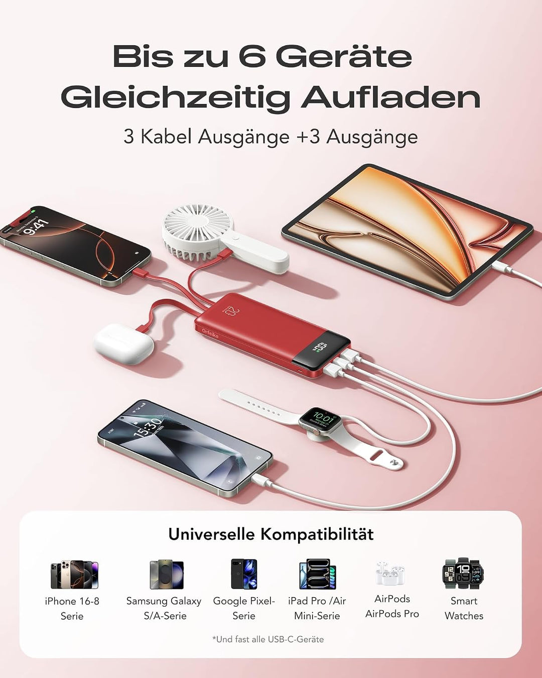 Orfeika Power Bank 20000mAh, PD 20W Powerbank mit Schnellladefunktion Rot, Rot
