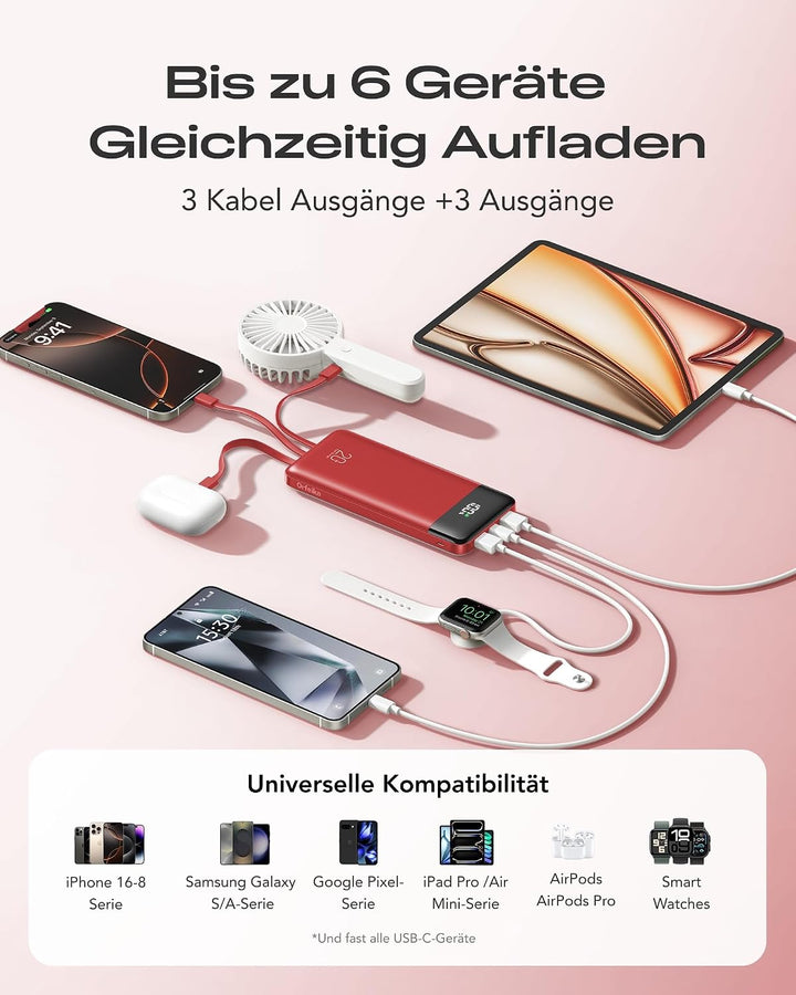 Orfeika Power Bank 20000mAh, PD 20W Powerbank mit Schnellladefunktion Rot, Rot