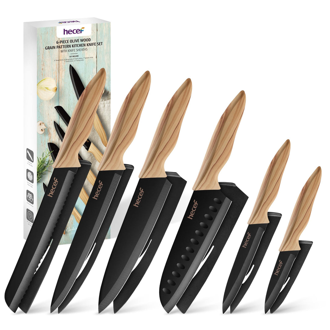 hecef Messerblock Set 6 Teilig, Edelstahl Küchenmesser mit Universalblock, Chefmesser &amp; Santoku, Ext