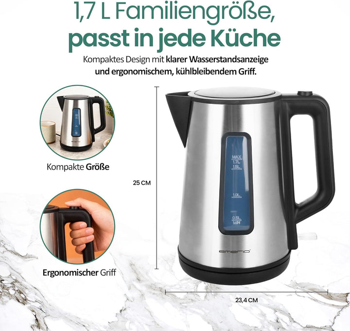 Emerio Wasserkocher doppelwandiges Cool-Wall Gehäuse 1.7L BPA 2200 Watt Auto Off Überhitzungsschutz
