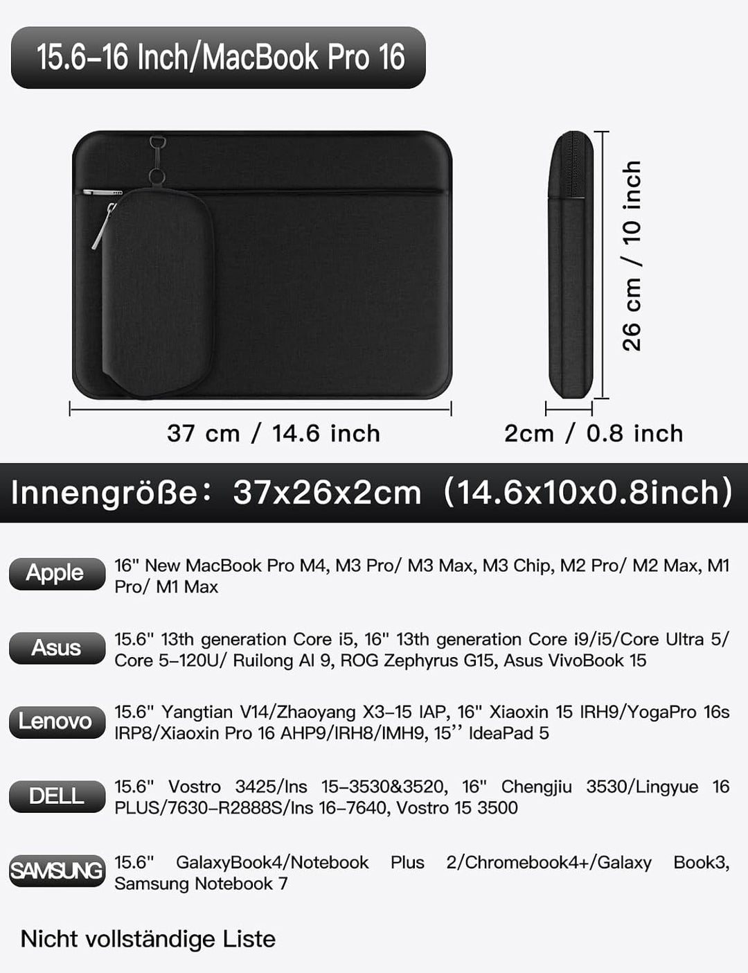 Alfheim 15,6-16 Zoll Laptop Hülle 15,6 Tasche Schwarz 15.6-16 Inch/MacBook Pro 16, Schwarz 15.6-16 I