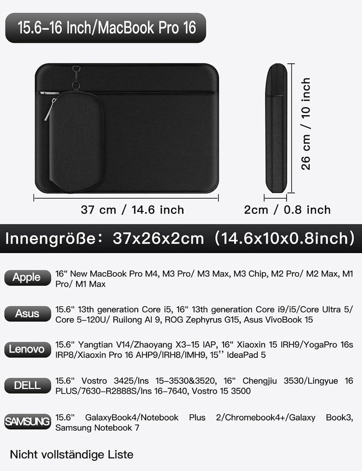 Alfheim 15,6-16 Zoll Laptop Hülle 15,6 Tasche Schwarz 15.6-16 Inch/MacBook Pro 16, Schwarz 15.6-16 I