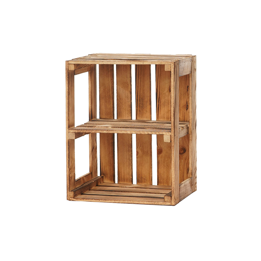GrandBox Geflammte Holz-Kiste 50x40x30cm mit Mittelbrett, Wein-Kiste, Obst-Kiste, Kaminholz-Kiste, D