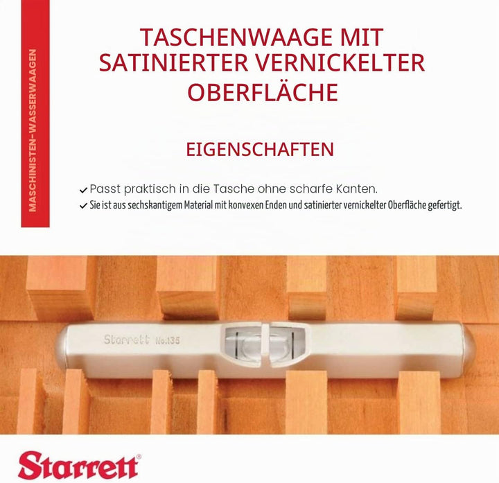 Starrett 135A Pocket Level mit satinierter vernickelter Oberfläche, Grösse 2-1/2"