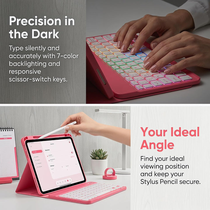 Hülle mit Tastatur für iPad A16 11 Generation 2025/10 Generation 2022, (11/10.9 Zoll) - 7 Beleuchtet