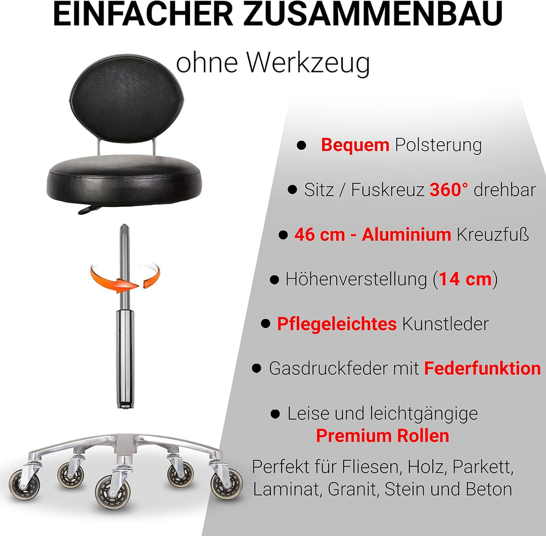 Staboos Rollhocker bis 160 kg - Premium Sitz rund mit Lehne - Praxishocker (Premium Rollen) Drehhock