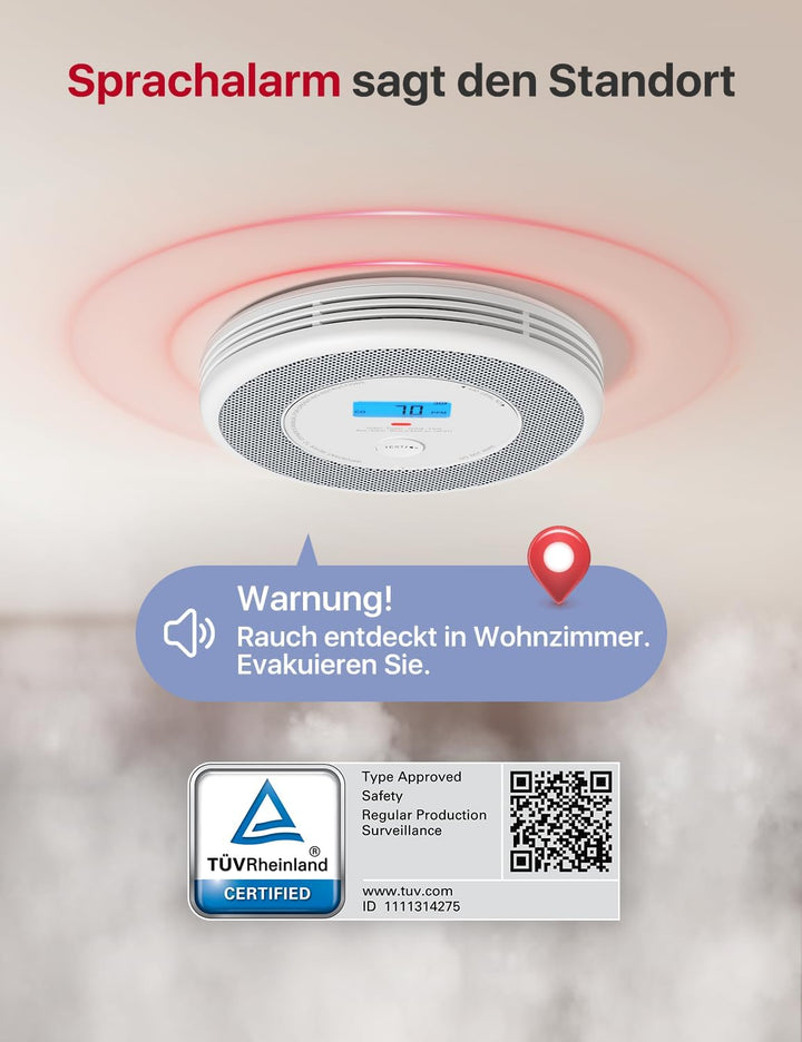 X-Sense XP0A-iR Rauch und CO Melder mit Sprachalarm und Standortansage, WLAN Kombinierter Rauch- und