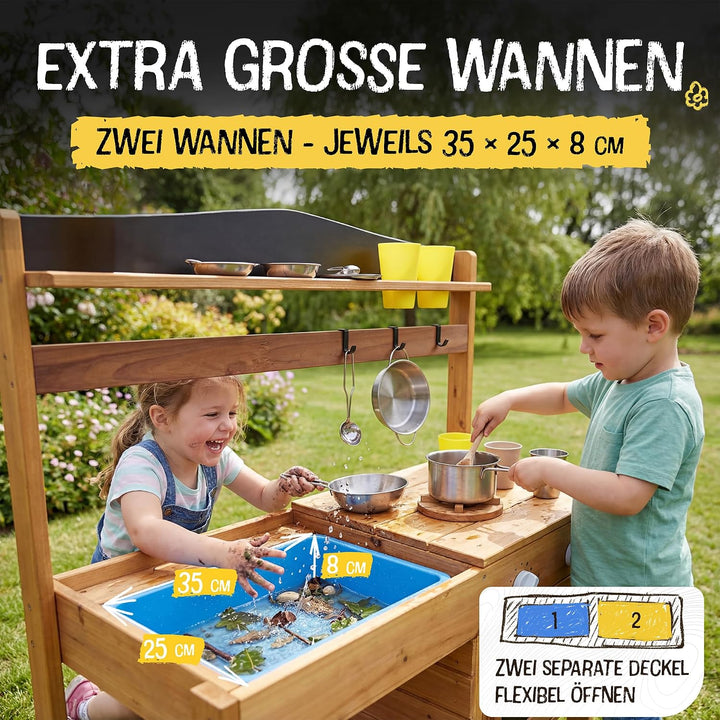FRIEDO Matschküche Kinder Outdoor mit Schutzlasur I Inkl. Ofen und Zubehör wie 1,2 L Wasserspender,