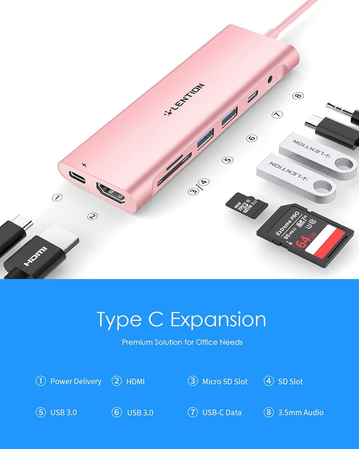 LENTION USB C Hub langes Kabels mit 4K HDMI, USB 3.0, USB-C Datei, SD &amp; Micro SD Kartenleser, AUX, 6