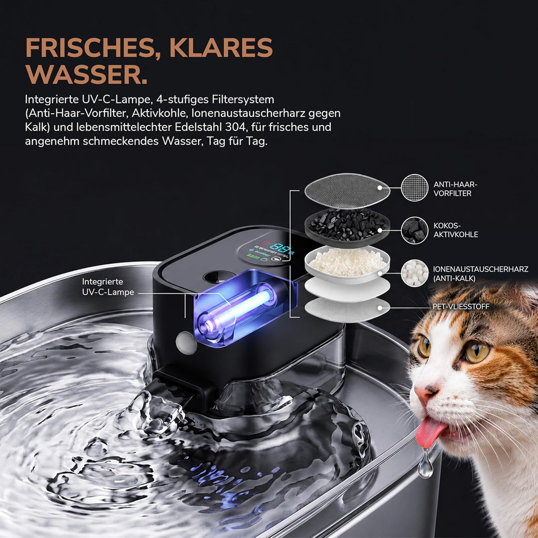 Katzenbrunnen Kabellos Edelstahl 304 - Flüsterleise