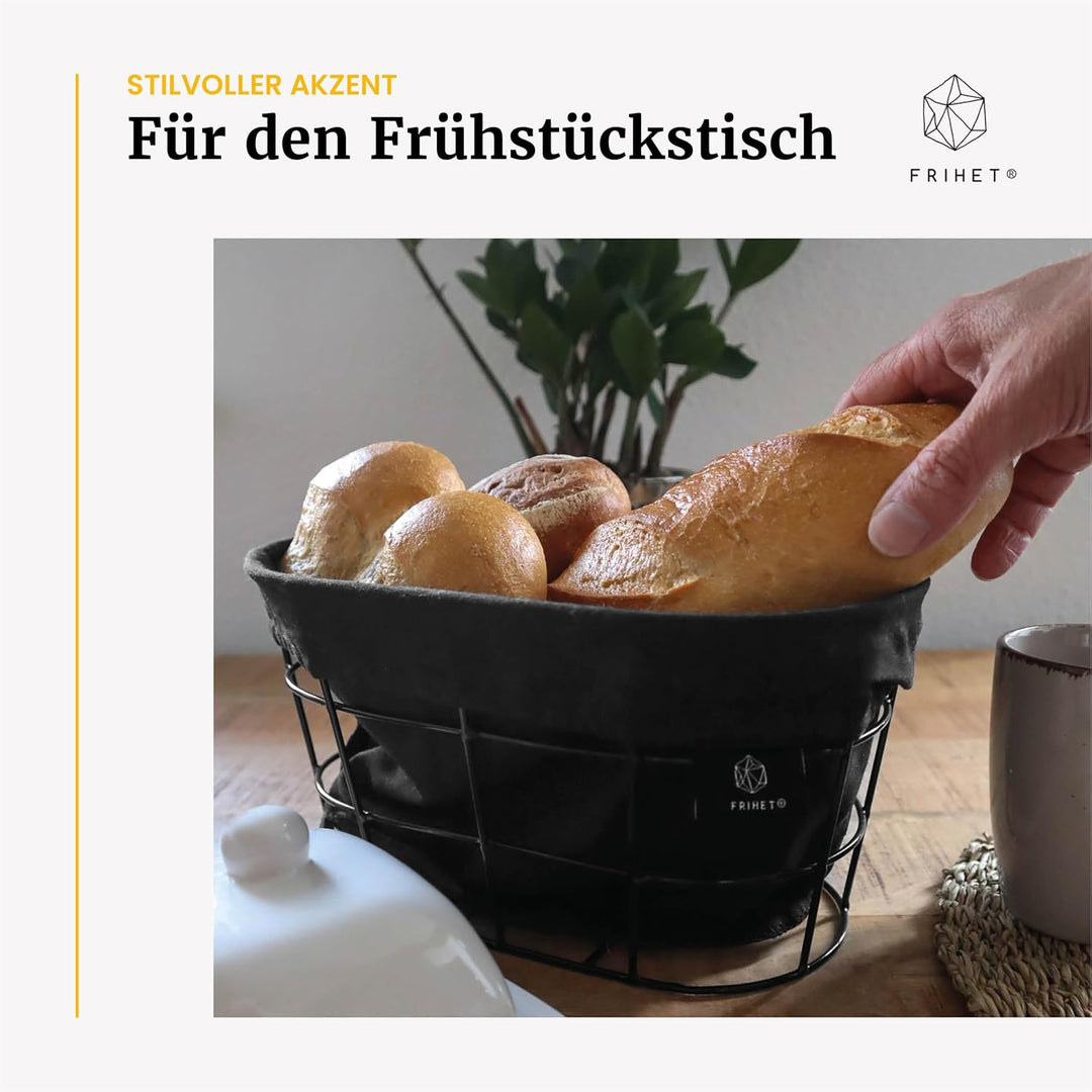 FRIHET 2-in-1 Brotkorb &amp; Obstschale - Metall - waschbare Einlage aus 100% Baumwolle - oval - schwarz