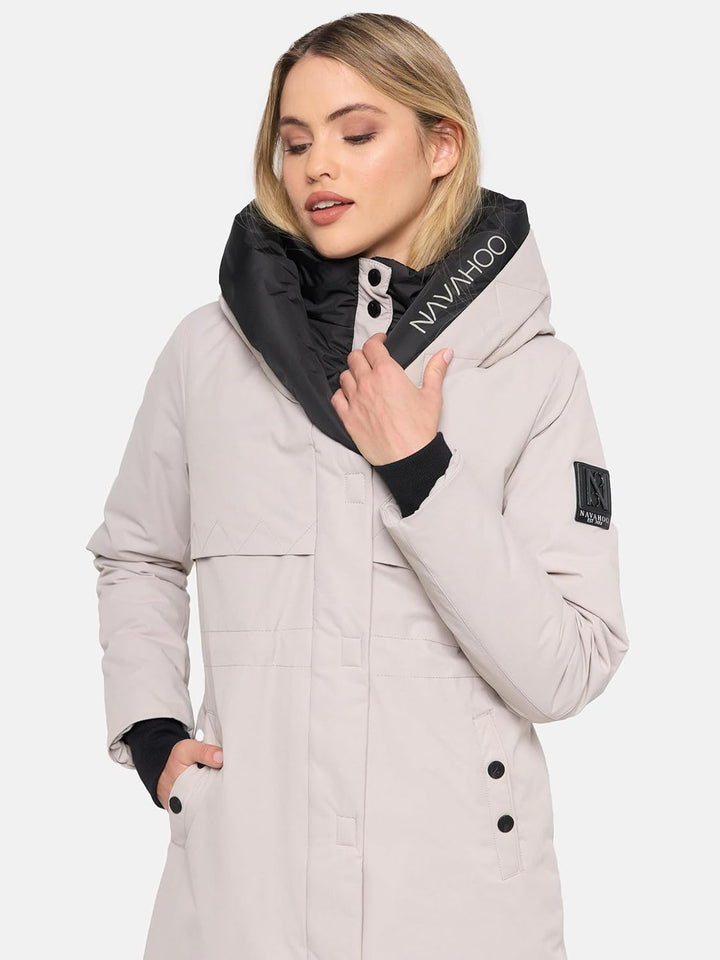 Navahoo Damen Mantel lange warme Winter Steppjacke mit Kapuze und magnetischen Elementen Snowelf XS-