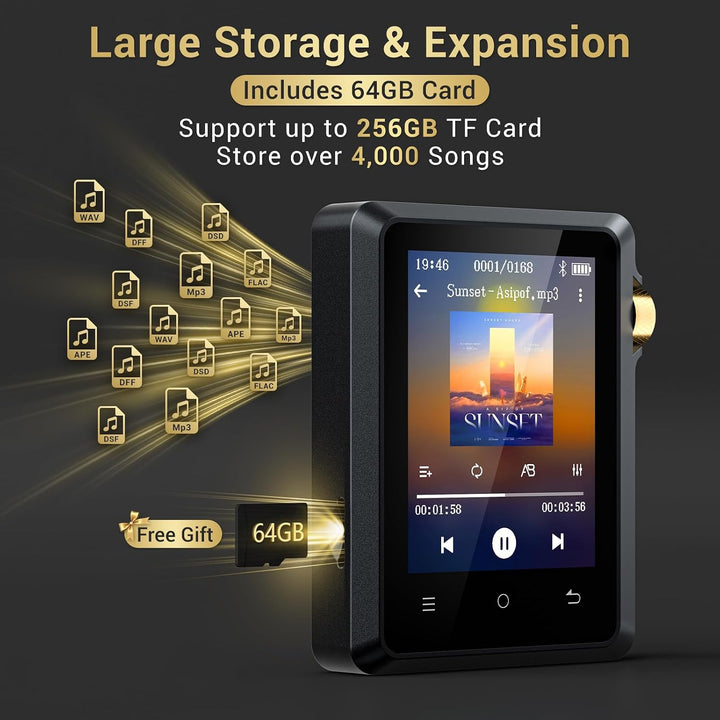 Hi-Res MP3 Player mit Bluetooth 5.3, 2,8 Zoll HiFi Musikplayer P40 64GB, P40 64GB