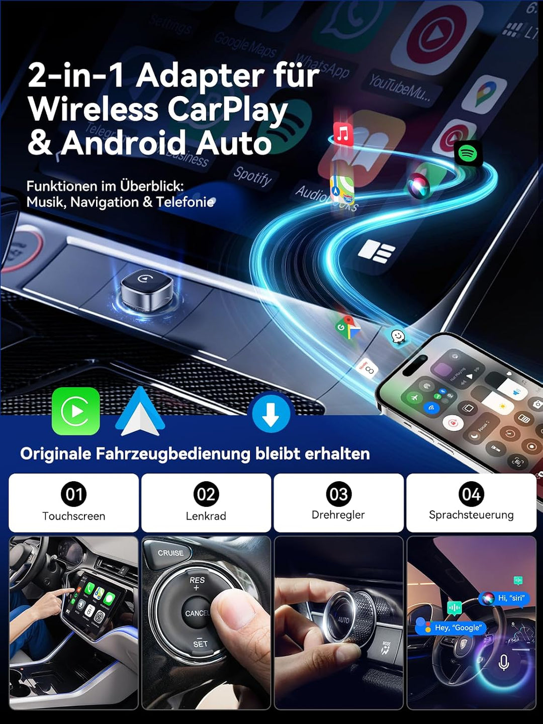 2-in-1 Wireless CarPlay &amp; Android Auto Adapter 2026, Mini, Plug &amp; Play Silber-Schwarz, Silber-Schwar