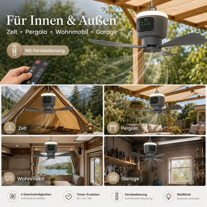 Tragbarer Deckenventilator mit Beleuchtung, 12000mAh Akku &amp; 4 Stufen Camping Ventilator mit Fernbedi