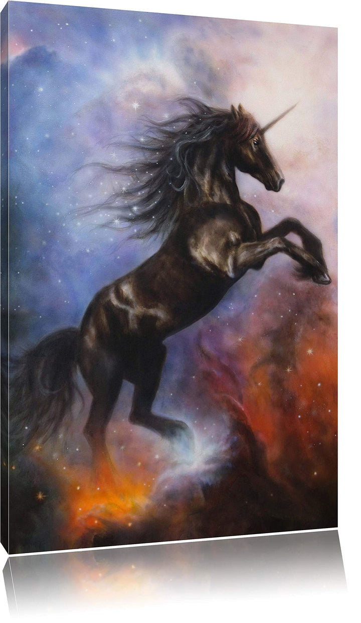 Pixxprint Traumhaftes schwarzes Einhorn, Format: 100x70 auf Leinwand, 100x70