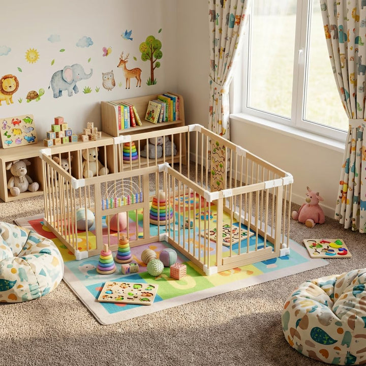 Laufstall Baby Holz Laufgitter &amp; -Ställe mit 2 Spielcenter, Laufgitter Kid mit Tür Playpen For Baby