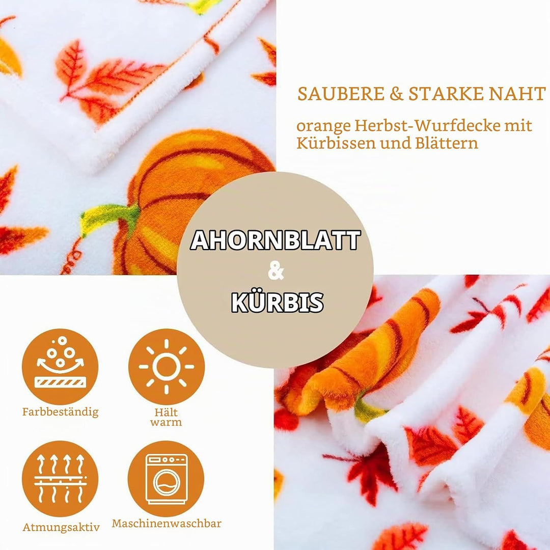 Halloween Kürbis Decke 130*150cm,Herbst Kürbis Plüsch-Flanell Decke,Thanksgiving Ahornblätter Decken