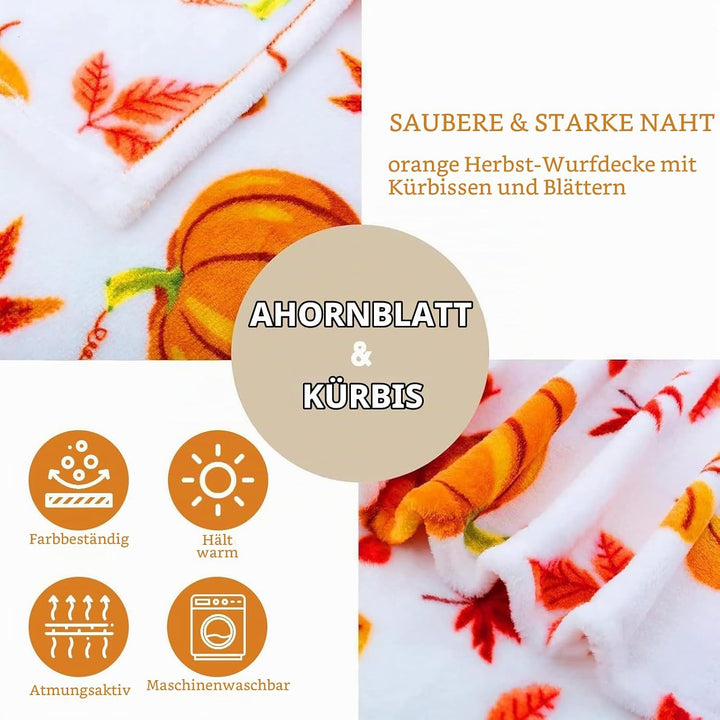 Halloween Kürbis Decke 130*150cm,Herbst Kürbis Plüsch-Flanell Decke,Thanksgiving Ahornblätter Decken