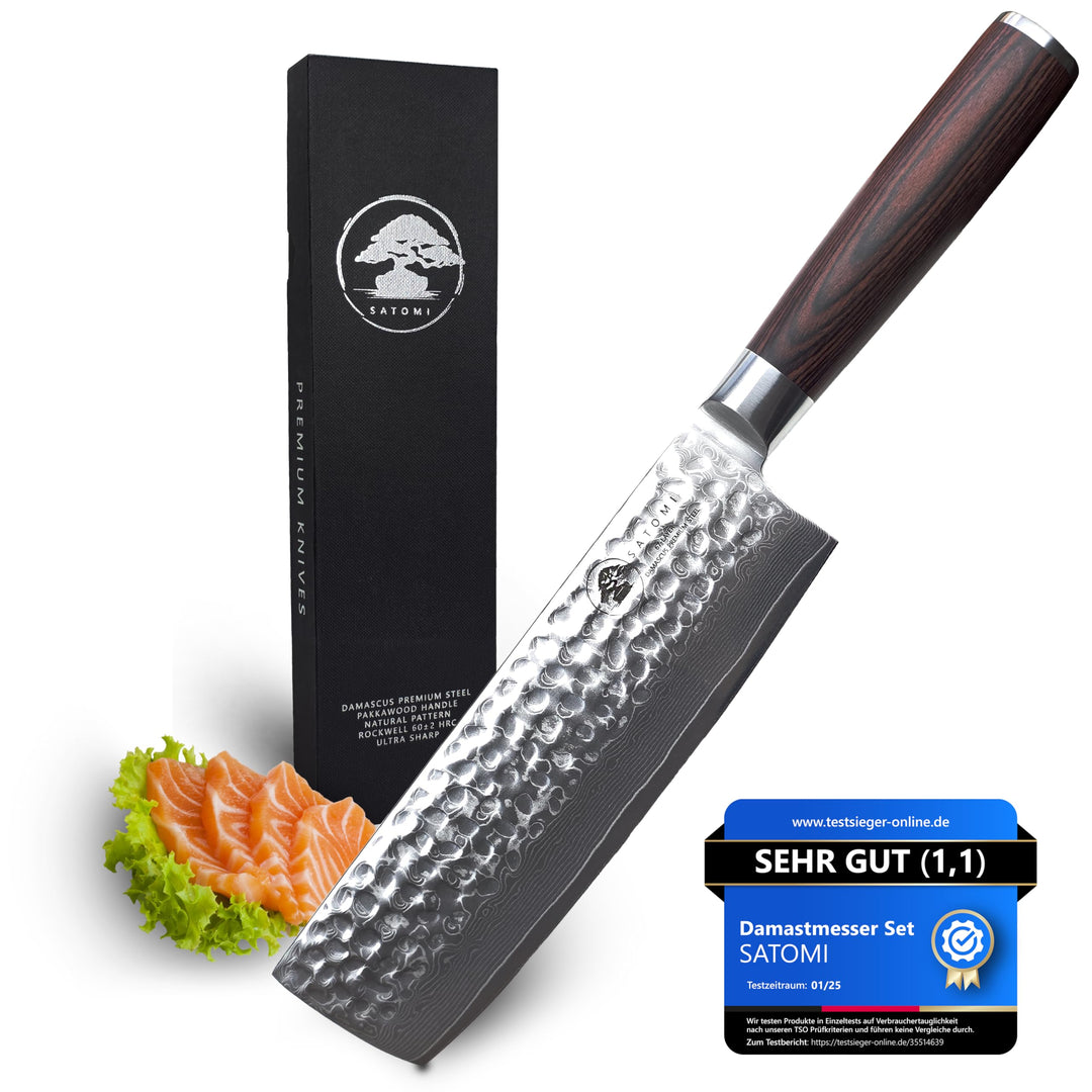 SATOMI® Nakiri Messer mit 18 cm Klinge gefertigt aus 67 Lagen Damaststahl traditionell Japanischer S