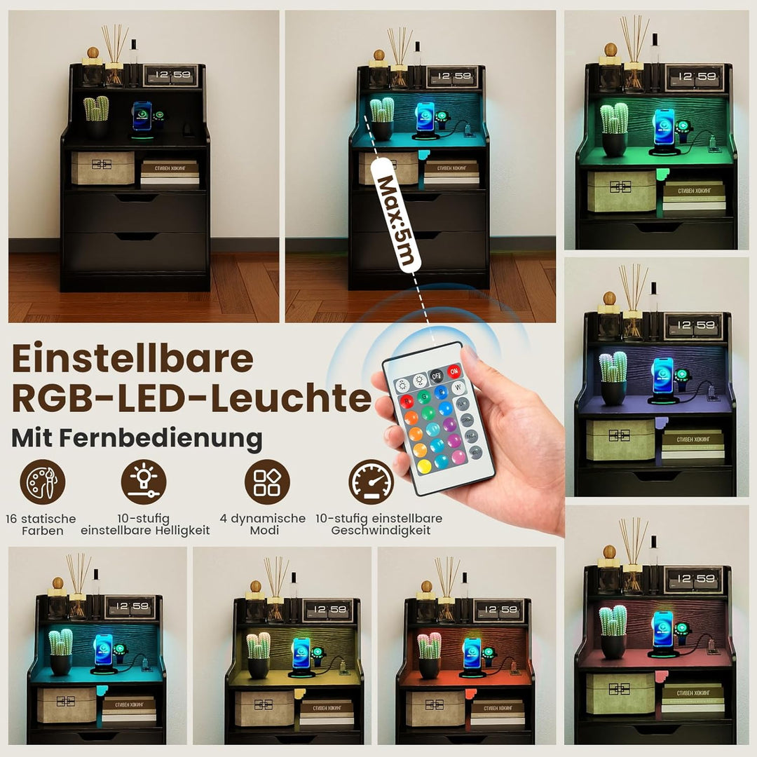 COSTWAY Nachttisch mit LED-Lichtern und Ladestation, Beistelltisch mit 2 Schubladen, offenen Fächern