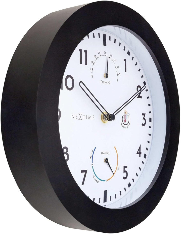 NeXtime Wall Clock (Garden/Inside) 25,5 cm-Time/Temp/Humidity-Black-Plastic Daisy, One Size