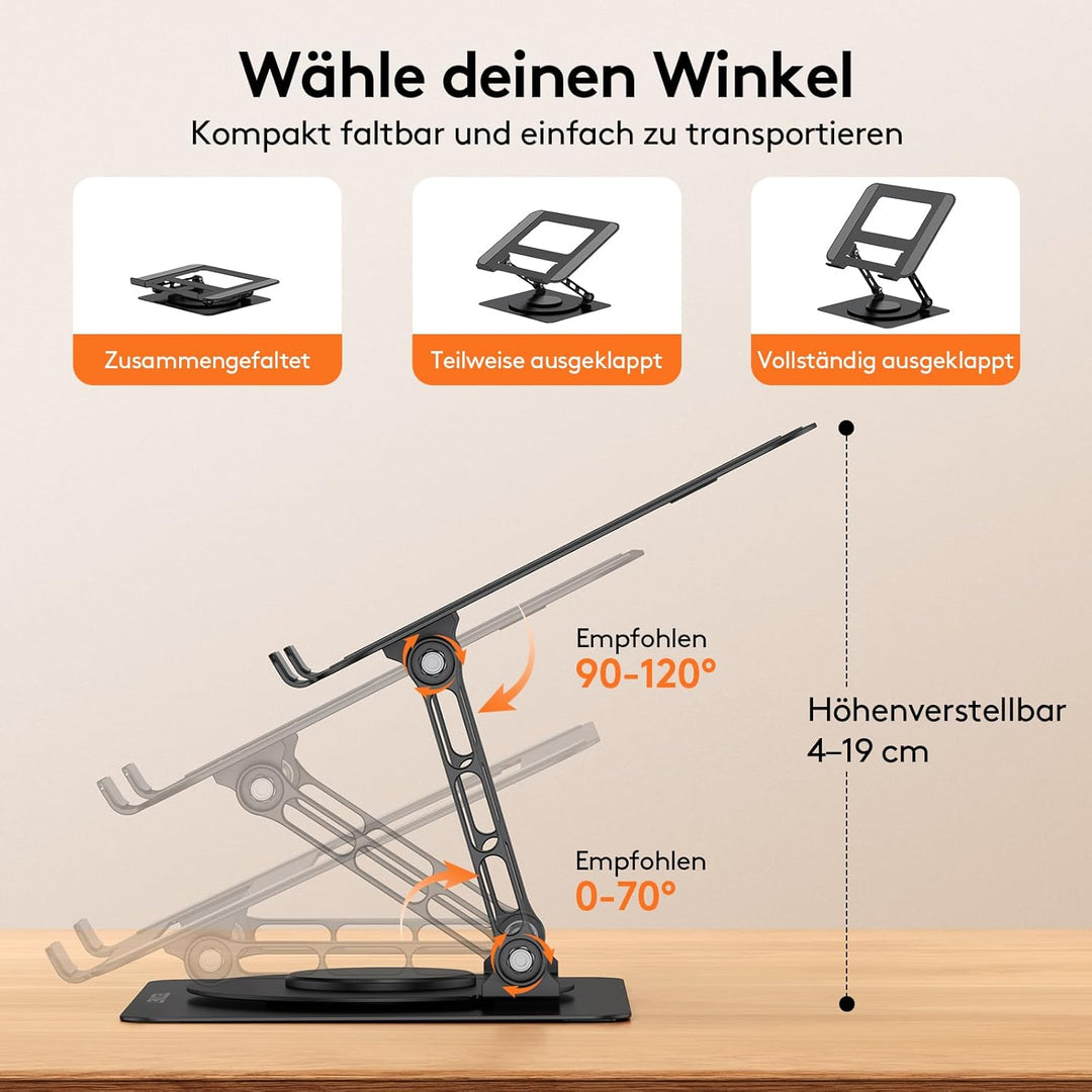TECKNET 360° Laptop Ständer Höhenverstellbar, Verstellbarer Notebook Halterung aus Metall mit Doppel